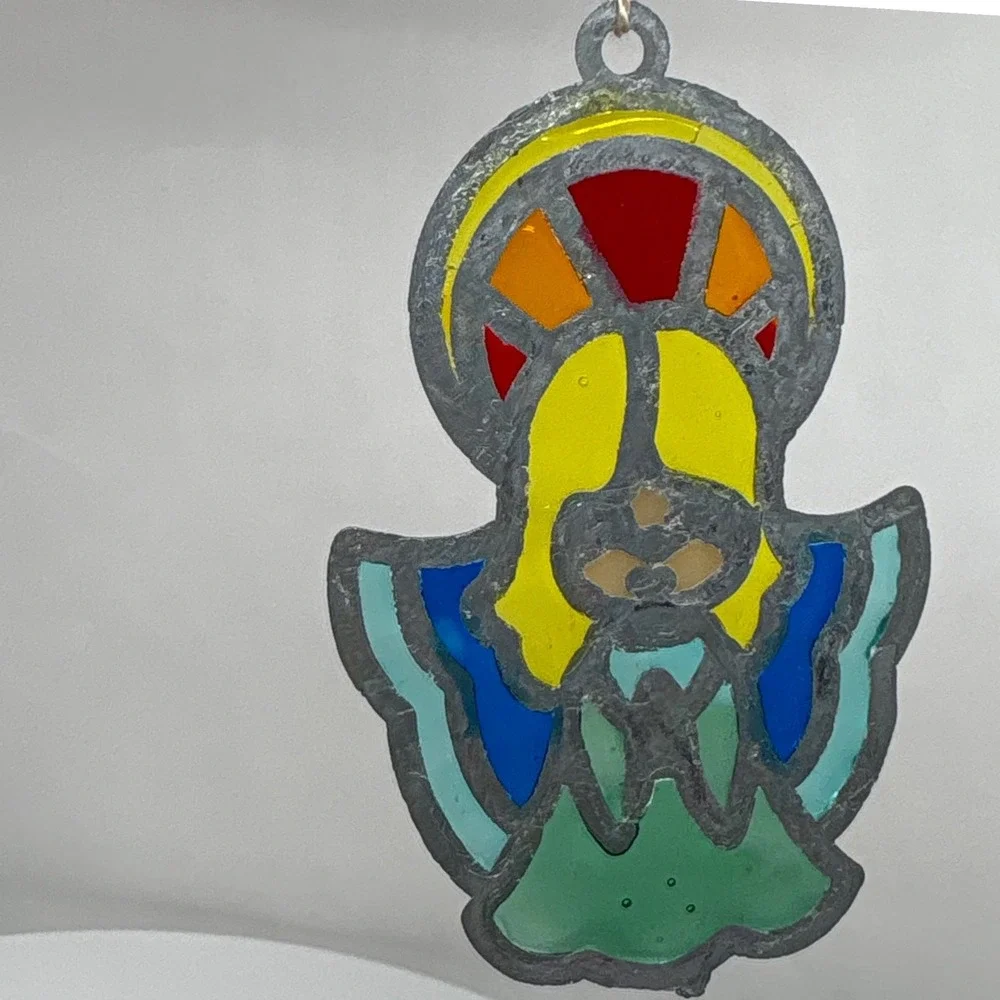 1980s Faux Stained Glass Angel Ornament Suncatcher Praying Christmas Decor